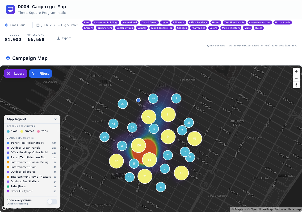 Times Square Programmatic DOOH campaign map — 1,088 live screens clustered around the Bowtie