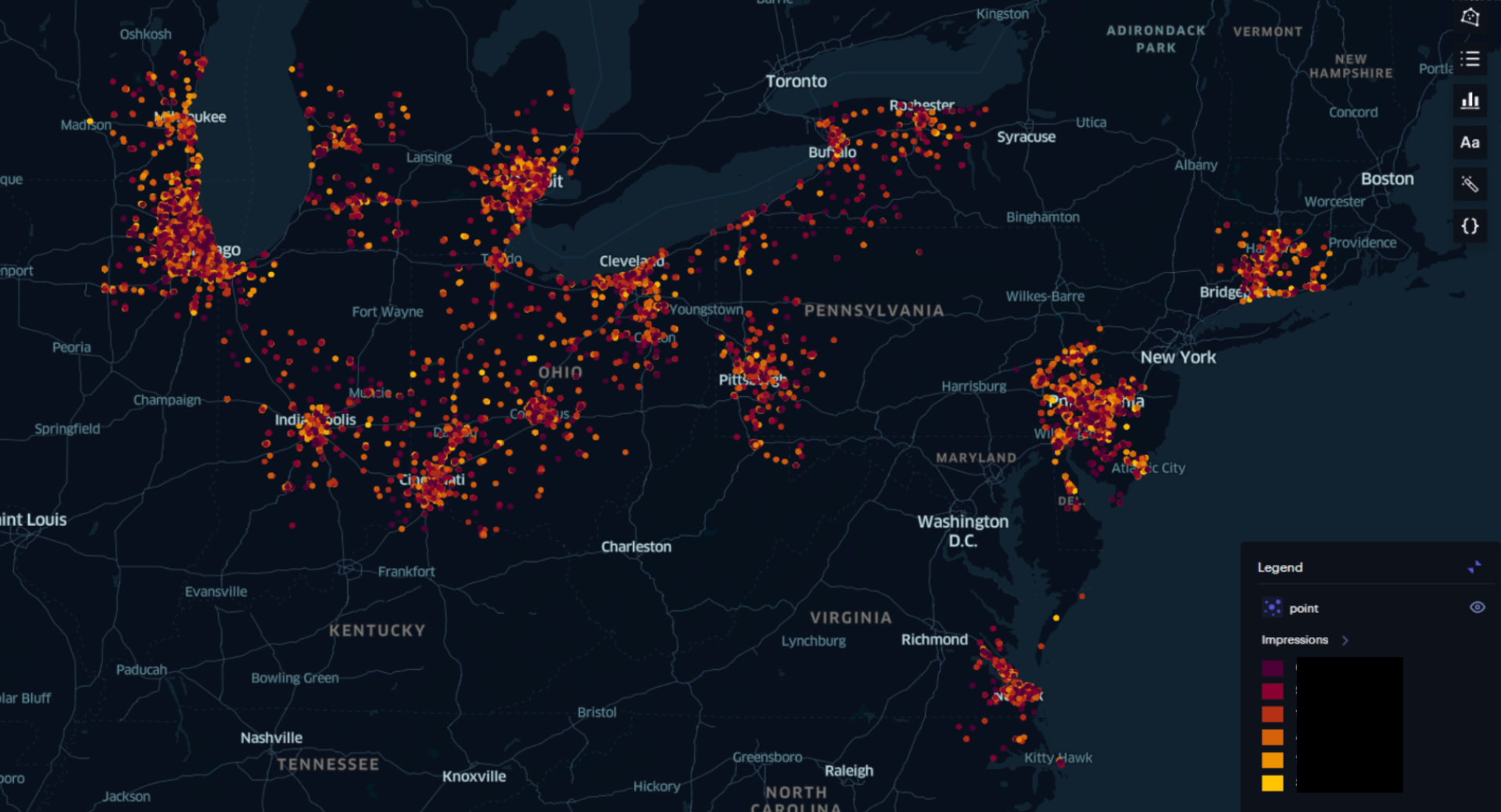 BlueForge Alliance campaign impression heatmap across the Midwest and Northeast
