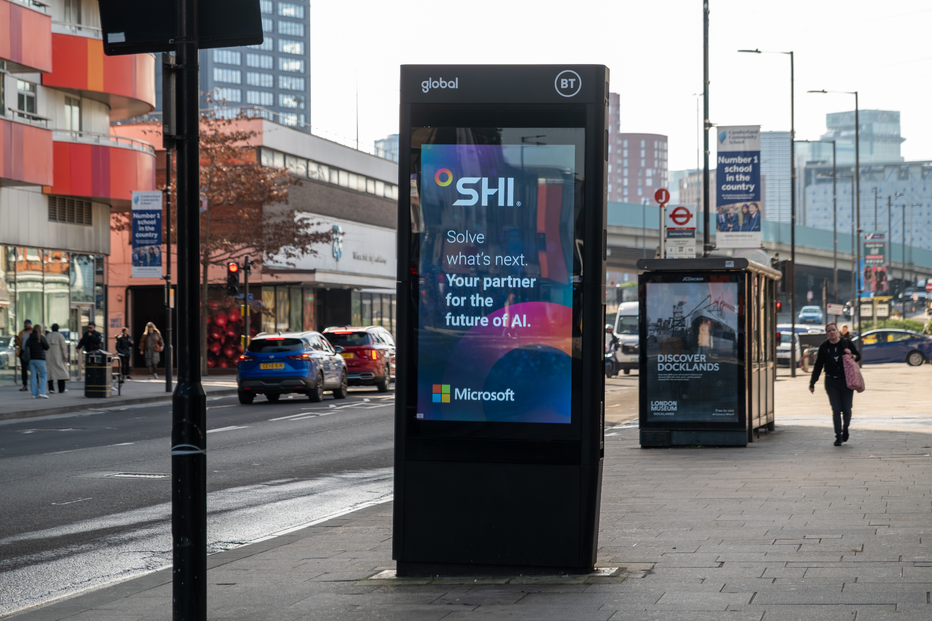 SHI x Microsoft BT Street Hub — wide street view with traffic, London