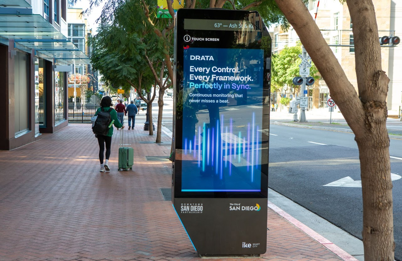 Drata IKE Smart City touch-screen kiosk on Ash St, Downtown San Diego