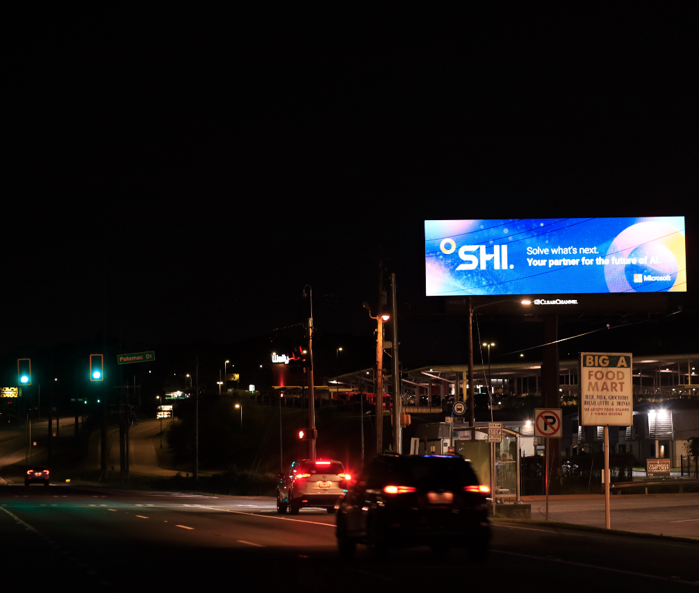 SHI x Microsoft digital billboard at night, Atlanta