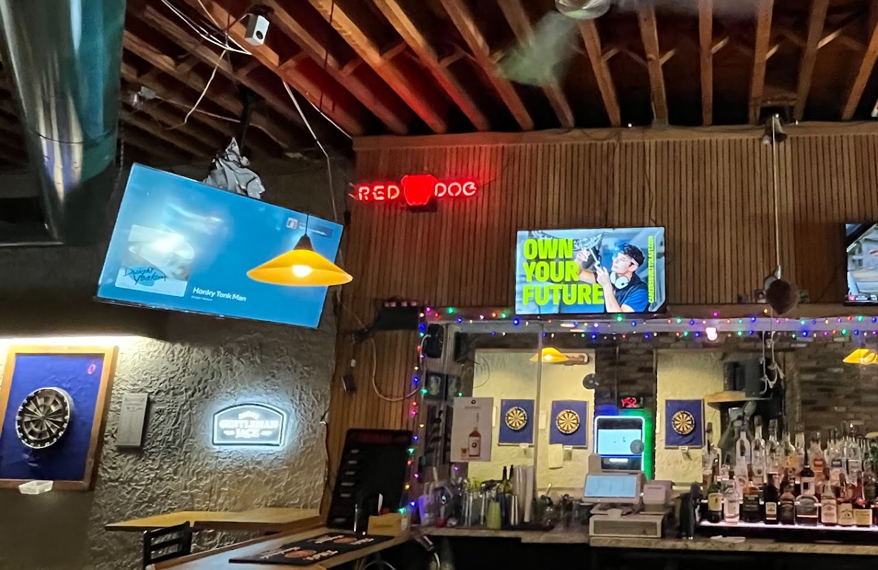 BlueForge Alliance 'Own Your Future' creative on bar TV next to Red Dog sign, Cincinnati