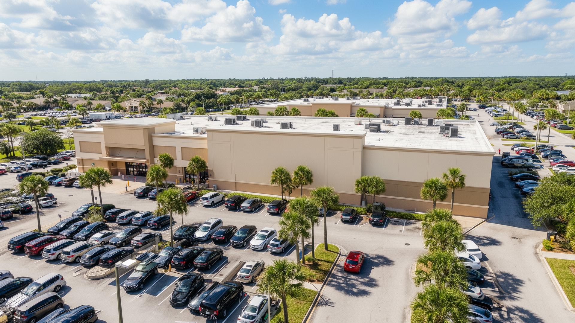 Aerial view of a Southeast US supermarket and parking lot — a typical Publix-anchored shopping plaza