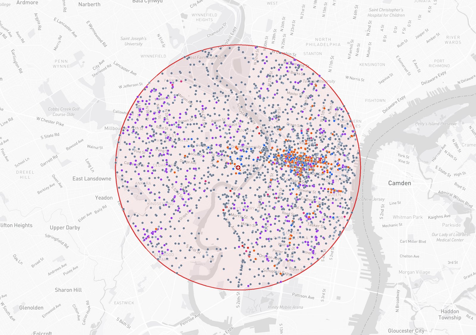 A map of Philadelphia showing a 3-mile geofence around Penn Medicine's Hospital of the University of Pennsylvania, with 5,431 available DOOH screens plotted as dots colored by venue type — grocery and pharmacy, office buildings, panels, billboards, gyms, and transit.