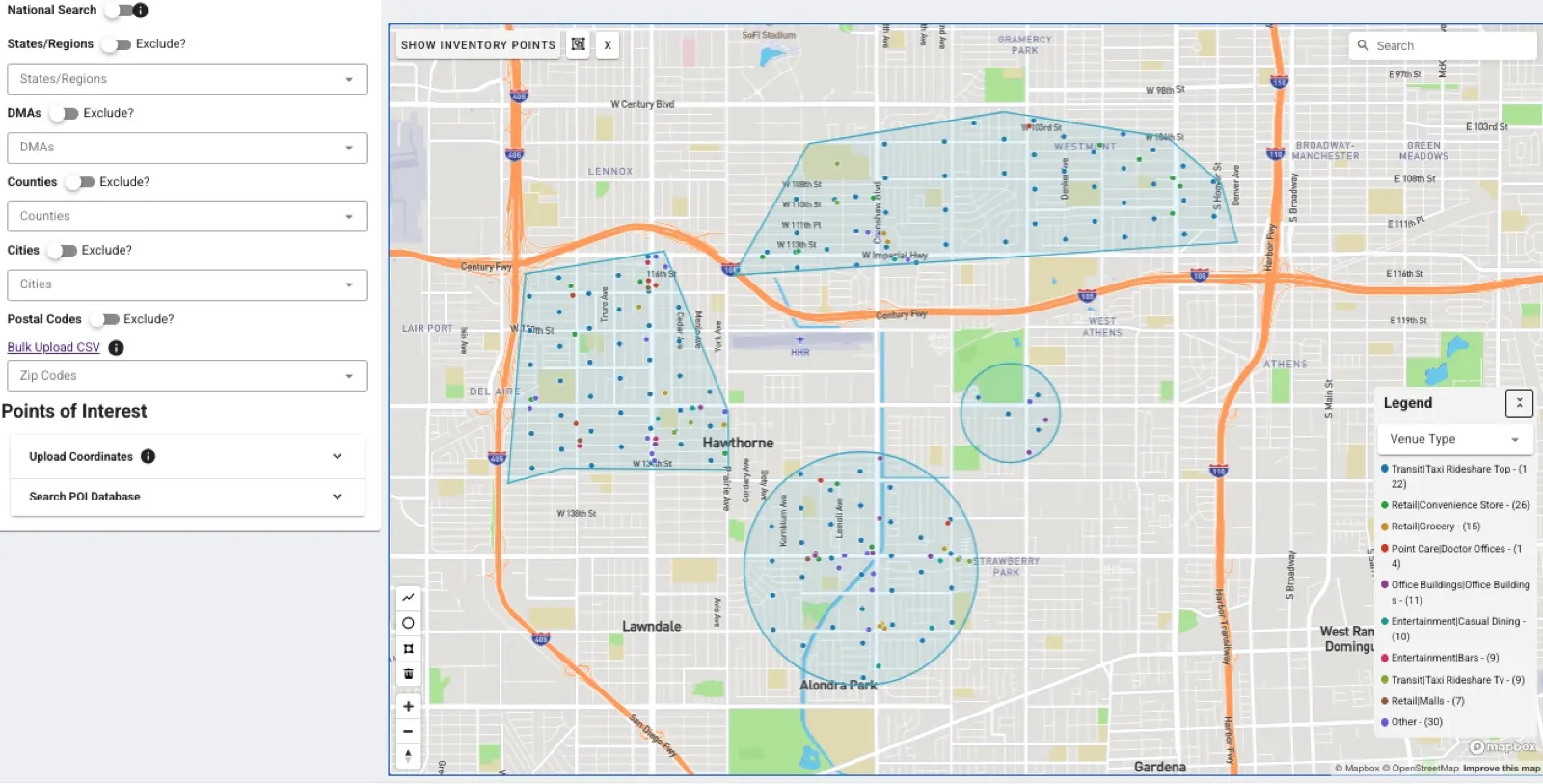 The Goldfish planning tool showing geofenced areas and screen locations on a city map.