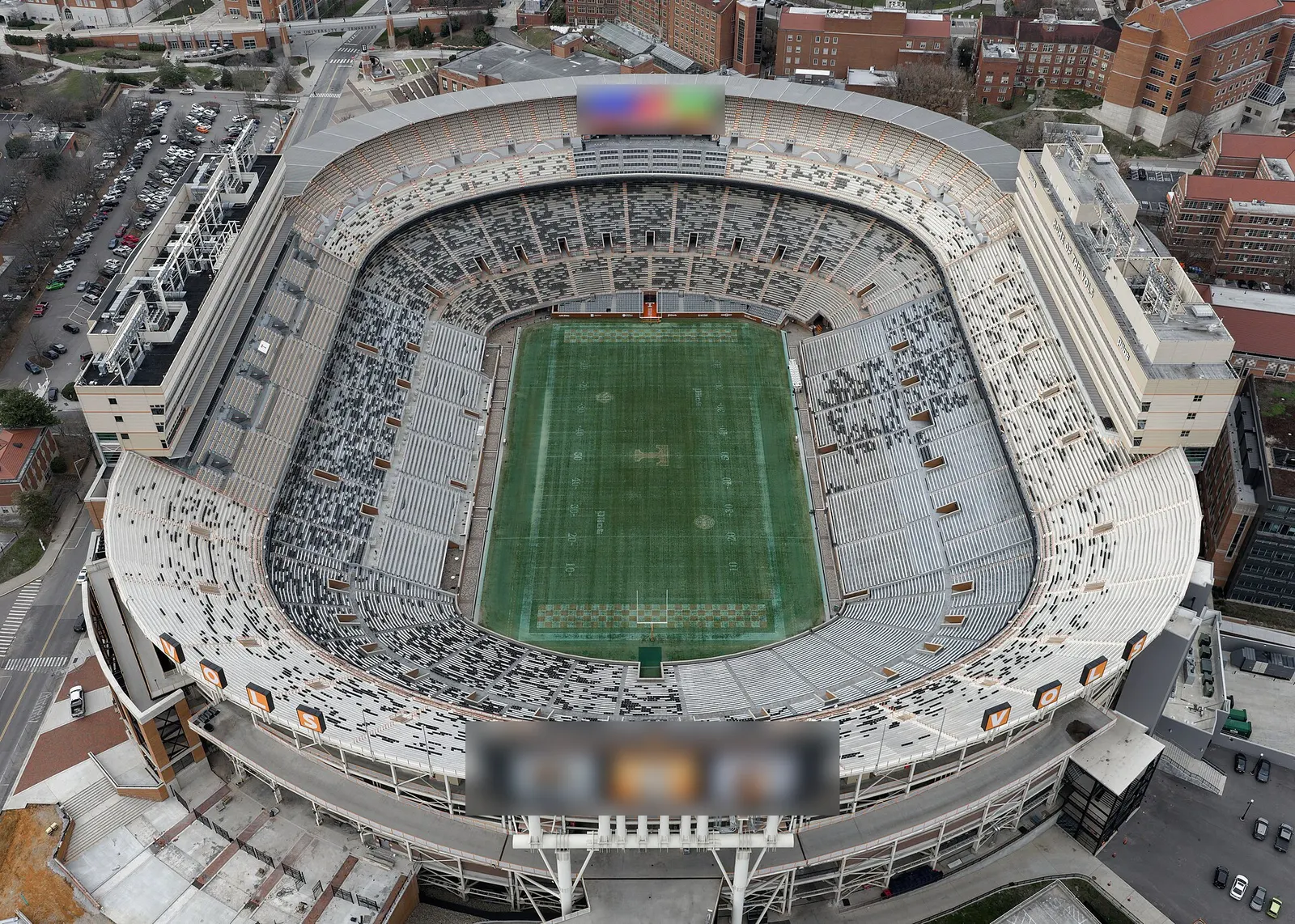 Aerial view of Neyland Stadium beside the Tennessee River in Knoxville.