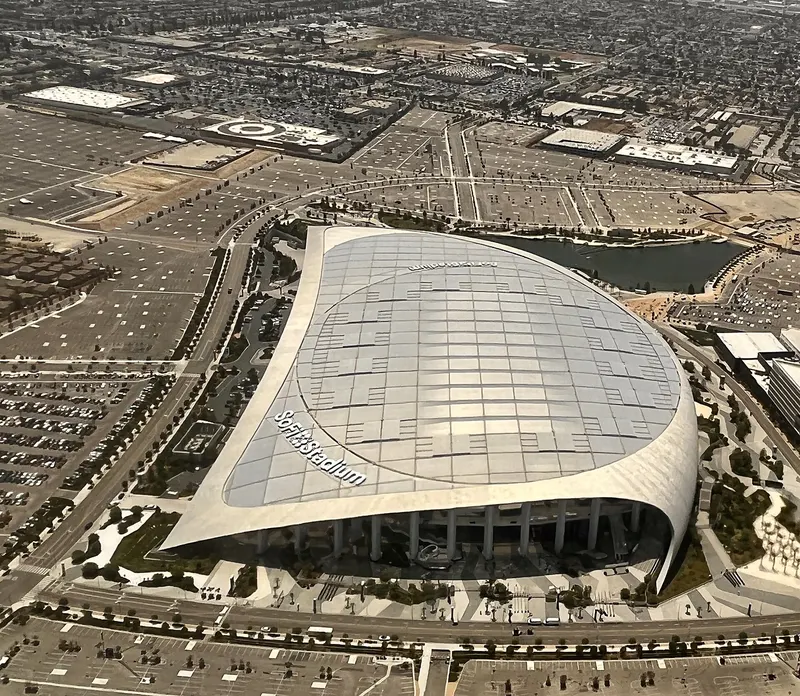 Aerial view of SoFi Stadium's translucent roof in Inglewood, California.