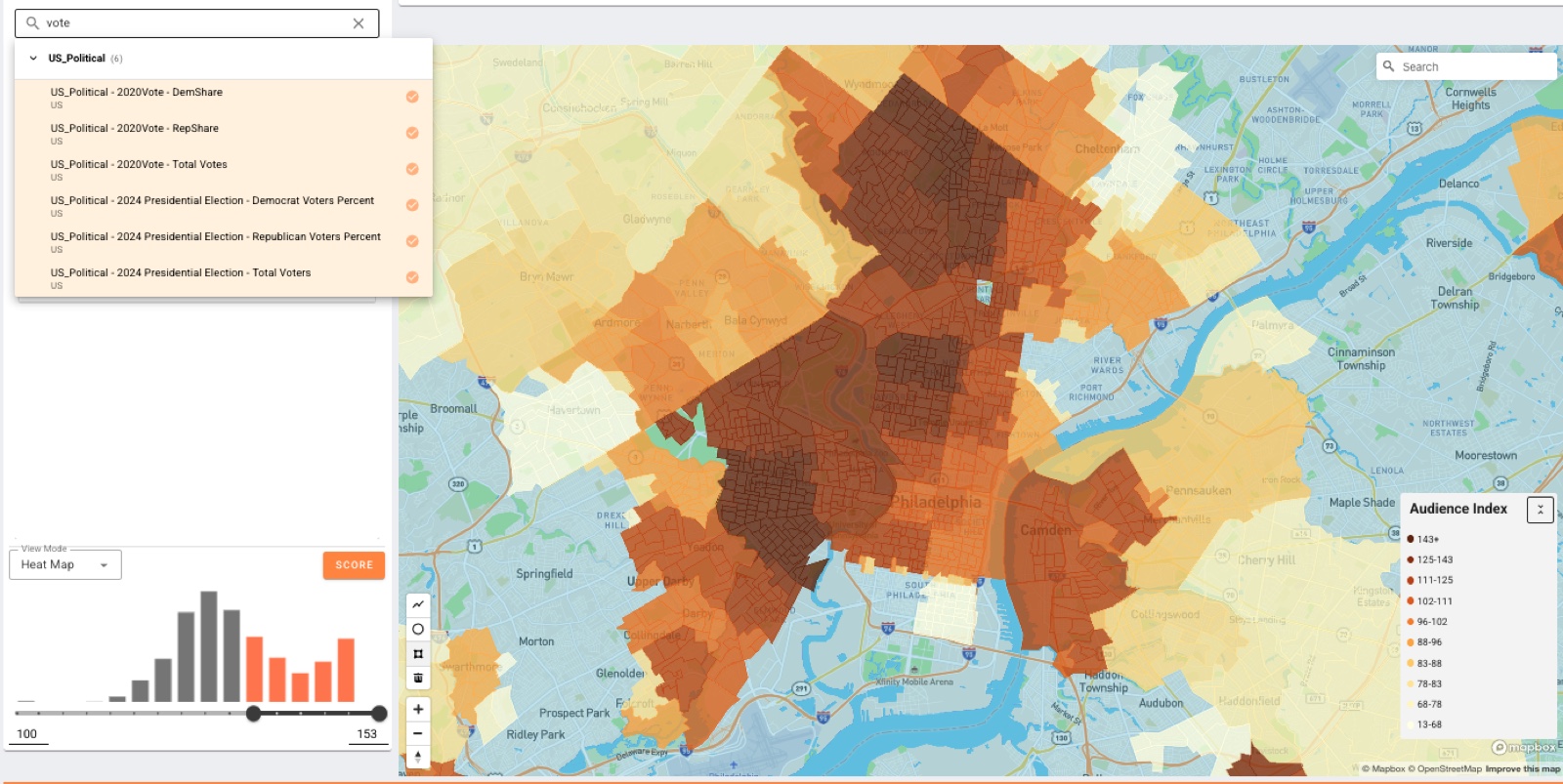 AMAP audience-data heat map of the Philadelphia metro showing cookie-free US Political voter segments — 2020 and 2024 Democratic and Republican vote share — indexed by neighborhood, with an audience-index legend.