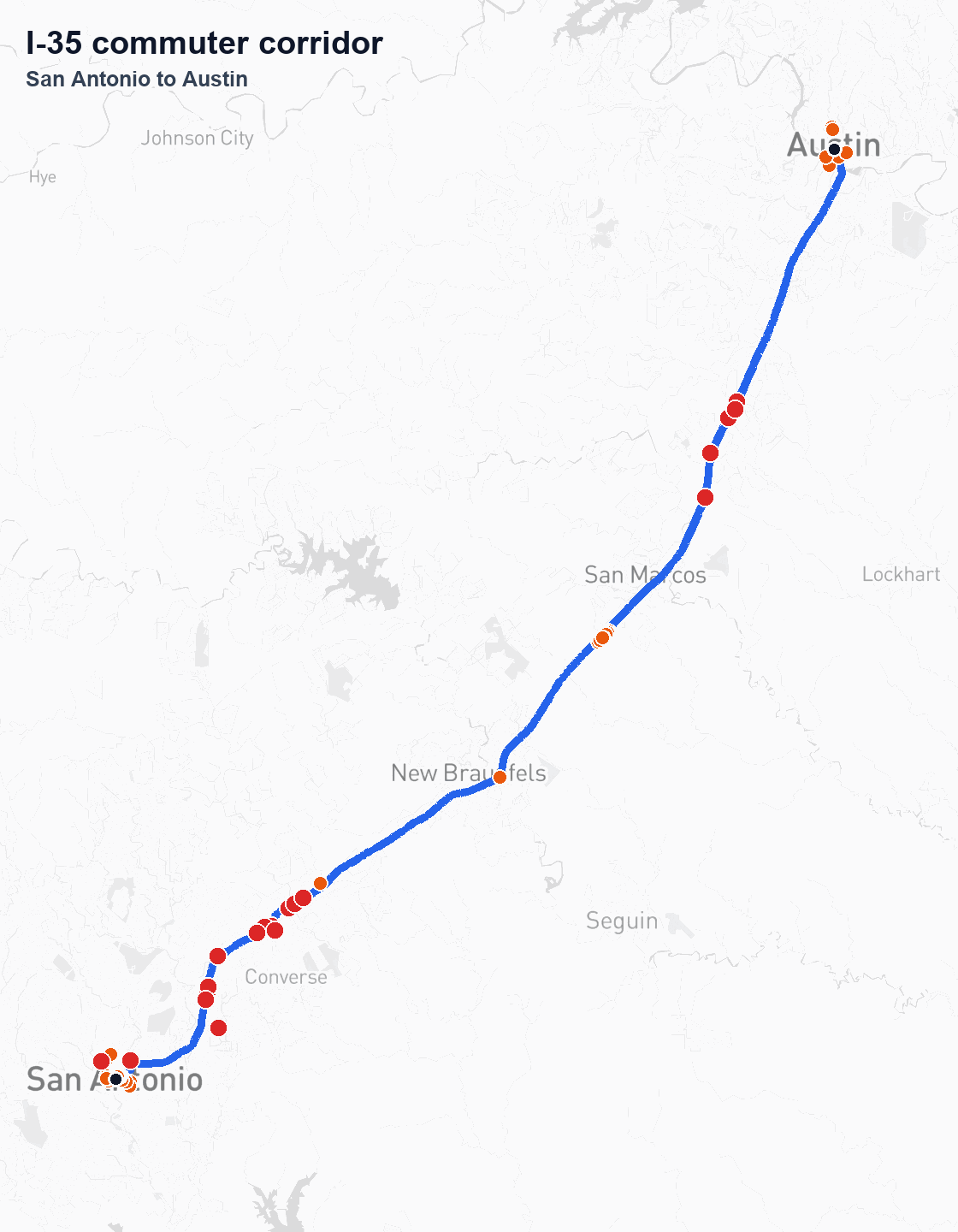 Map of the I-35 corridor between San Antonio and Austin with 45 billboards and 176 street-level panels plotted along the route.